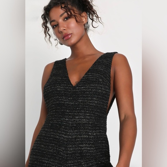 NWT Lulus Officially Exceptional Black Tweed Lurex Wide-Leg Jumpsuit S - Picture 4 of 9